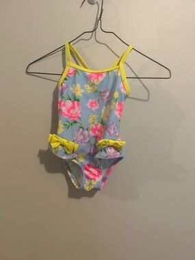 Wonder Nation Pastel Blue Floral One-Piece Swimsuit with Yellow Trim